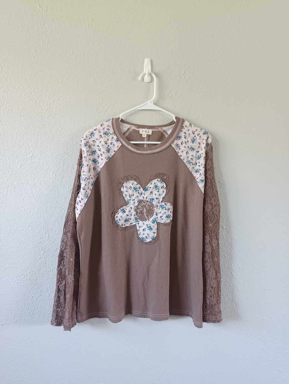 POL Thermal Knit Top with Lace Sleeves and Flower Patch Front in Chocolate Brown